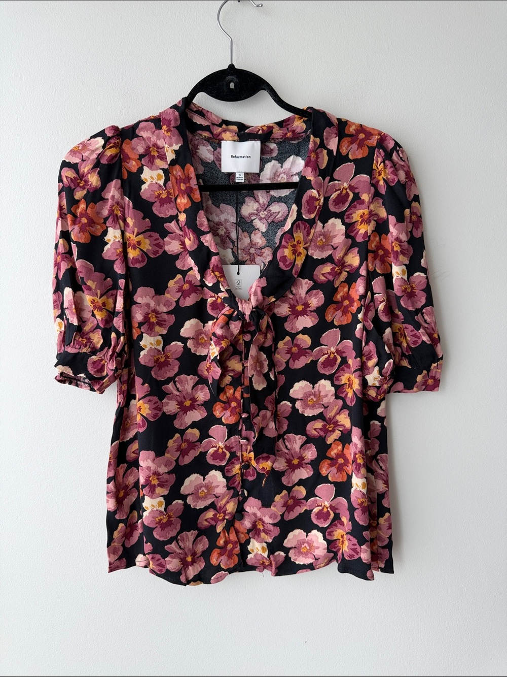 Reformation Joelle Blouse in Pink and Purple Pansy Print, NWT